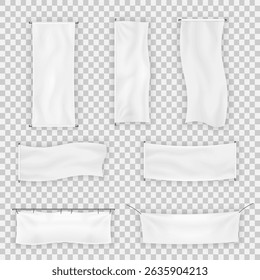 Horizontal flag with canvas fabric fold vector banner template advertising message shape cloth background abstract business sign element empty white poster rope design sheet.

