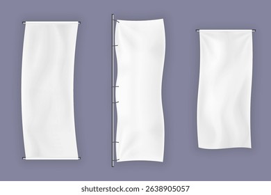 Horizontal flag with canvas fabric fold vector banner template advertising message shape cloth background abstract business sign element empty white poster rope design sheet.

