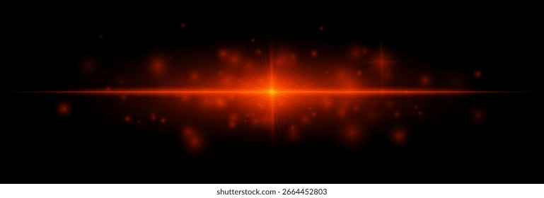 Horizontal flare with glowing center and scattered soft particles, perfect for overlays, lighting effects, backgrounds, and design highlights.