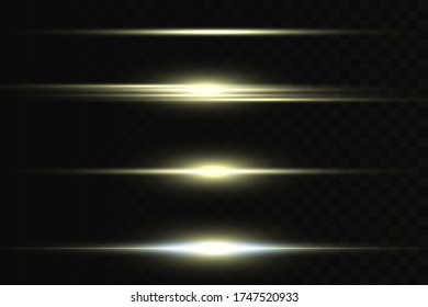 Horizontal flare. Laser horizontal beams, light beams. Bright stripes on a dark background.