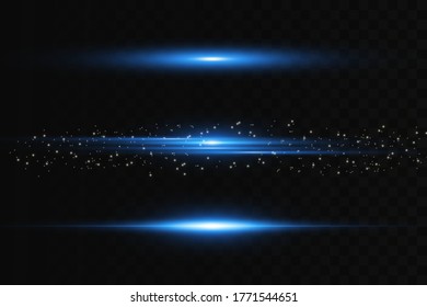 Horizontal flare. Laser horizontal beams, light beams. Bright stripes on a dark background.
