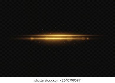 Horizontal flash of golden light with glowing particles and bokeh effect. On a transparent background.