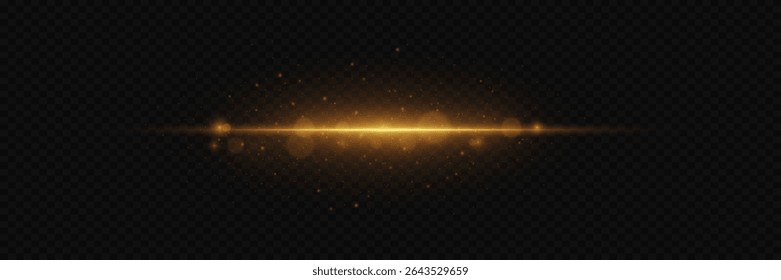 Horizontal flash of golden light with glowing particles and bokeh effect. On a transparent background.