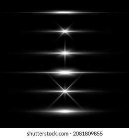horizontal flash light element on black background. bundle set flare sparkles vector design template. vector blur flash. 