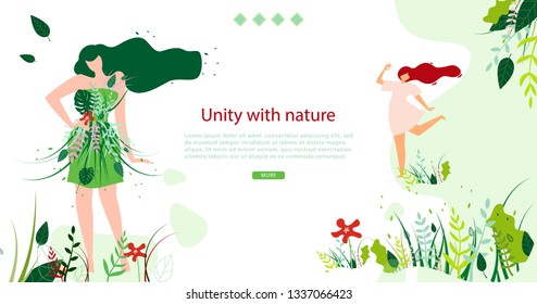 Horizontal Flat Banne Unity with Nature Every Day. Vector Illustration on White Background. Ornament Leaves and Green Grass. Young Girls in Short Dresses Dance in Meadow with Blooming Flowers.