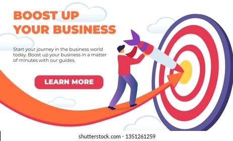 Horizontal Flat Banner Boost Up Your Business. Vector Illustration on White Background. Red Arrow Points to Hitting Target Precisely. Men Casual Dress and Cap Pulls Dirt Out Target.