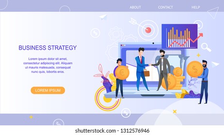 Horizontal Flat Banner Business Strategy. Vector Illustration. Smiling Men in Business Suits enter into Cooperation Agreement on Background Laptop. Man Brought Gold Coin with Dollar Sign and Euro.
