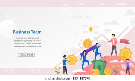Horizontal Flat Banner Business Team Financiers. Vector Illustration on Lilac Background. Men in Suits Carry Gold Bars and Gold Coins Top Mountain. Flowers Grow Bud in Shape Golden Coin.