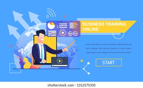 Horizontal Flat Banner Business Training Online. Vector Illustration on Blue Background. Young Smiling Man in Suit against Background Tablet with Yellow Screen Holds Training Presentation.
