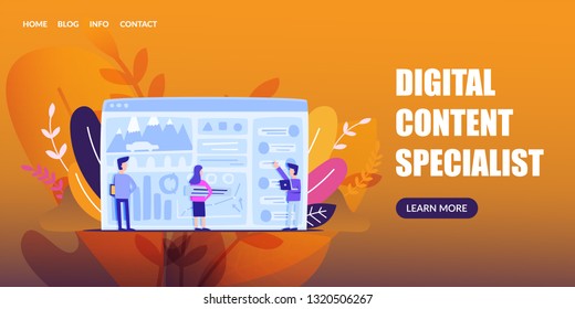 Horizontal Flat Banner Digital Content Specialist. Vector Illustration. Men and Women Post Content for SEO. Rendering Services Promotion and Development in Social Networks Using Content.