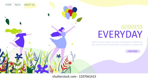 Horizontal Flat Banner Goddess Everyday Daily. Vector Illustration on White Background. Happy Girl in Short Blue Dress Launches Multicolored Gel Balloons in Sky. Dancing In Nature.