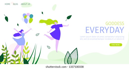 Horizontal Flat Banner Goddess Everyday Always. Vector Illustration on White Background. Two Young Girls in Short Bright Dresses Launch Balloons into Sky and Enjoy Nice Sunny Good Day.