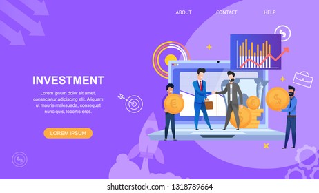 Horizontal Flat Banner Investment. Vector Illustration People in Suit make Contract for Project. Young Guy Holds Coin in Hands. Men Shake Hands on Background Laptop and Money. Graph Red Up Arrow