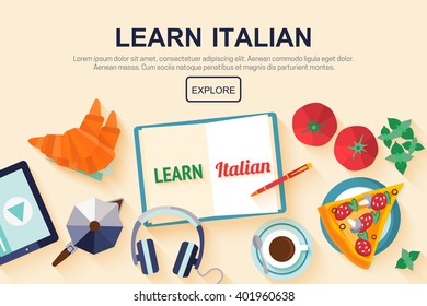 Horizontal flat banner for italian language courses with icons of pizza, coffee, croissant, basil, tomato - typical symbols of Italian cuisine. Concept for  web banner, header website or newsletter.
