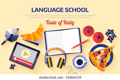 Horizontal flat banner for italian language courses with icons of pizza, coffee, croissant, basil, tomato - typical symbols of Italian cuisine. Concept for web banner, header website or newsletter.