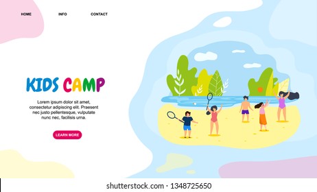 Horizontal Flat Banner Kids Camp Active Leisure. Vector Illustration on Color Background. Teenagers Swimwear Shore Reservoir Playing Ball. Girls Raised Up Rackets from Badminton or Tennis.