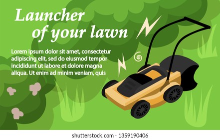 Horizontal Flat Banner Launcher of Your Lawn. Lawn Mower with Function Grinding Grass to very Small Particles. Grass Mowing Equipment after Mowing Scatters Grass over Lawn. Vector Illustration.

