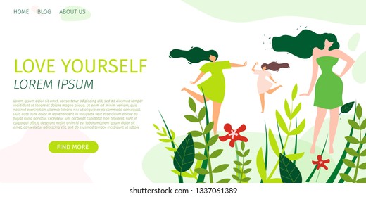 Horizontal Flat Banner Love Yourself and World. Vector Illustration on White Background. Three Young Beautiful Girls Demonstrate Fashionable Clothes in Colorful Clearing in Forest.