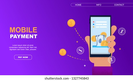 Horizontal Flat Banner Mobile Payment on Lilac Background. Vector Illustration. Male Hand is Holding Mobile Phone. On Smartphone Screen Paper Money and Gold Coins with Dollar Sign.