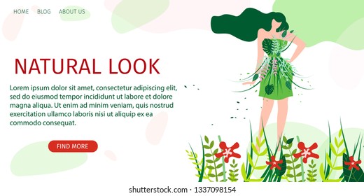 Horizontal Flat Banner Natural Look Fashion Show. Vector Illustration on Background  Blue Clouds. Happy Young Woman in Short Green Dress Adorned with Flowers and Leaves is Standing on Meadow.