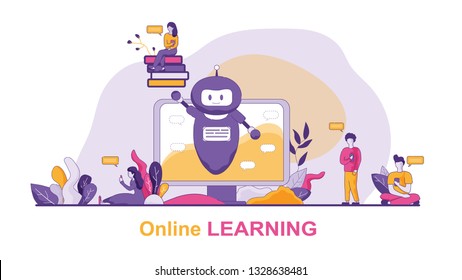 Horizontal Flat Banner Online Learning Chat Bot. Vector Illustration on Color Background. Artificial Intelligence on Background Computer Screen. Men and Women are Trained using Speech Chat Bot.