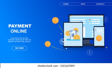 Horizontal Flat Banner Payment Online on Blue Background. Vector illustration.
On Screen Tablet Paper Bills and Gold Coins with Dollar Sign. Smartphone and Computer Display with Graphic Symbols.