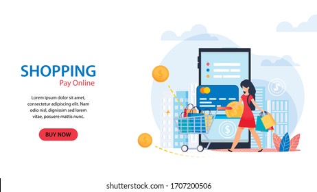 Horizontal Flat Banner Shopping Pay Online White Background. Vector Illustration. Happy Girl in Red Dress Rolls Cart from Supermarket Full Purchases against  Background Smartphone and Credit Card.
