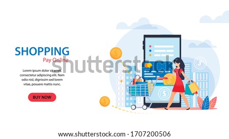 Horizontal Flat Banner Shopping Pay Online White Background. Vector Illustration. Happy Girl in Red Dress Rolls Cart from Supermarket Full Purchases against  Background Smartphone and Credit Card.
