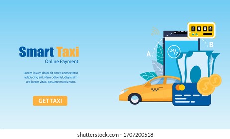 Taxi inteligente horizontal pancarta plana. Pago en línea. Ilustración vectorial sobre fondo azul. El Taxi Amarillo de pedido está disponible en el reloj todos los días de la semana. Pago por efectivo o tarjeta de crédito.