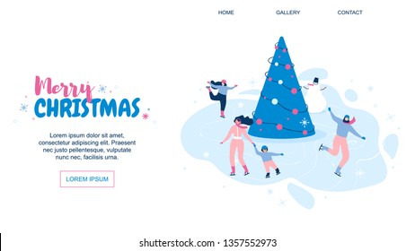 Horizontal Flat Banner Vector Marry Christmas. Over White Background Beautiful Mother with Long Hair in Pink Suit with Child Riding on City Ice Skating on Ice Skate Around other Happy People.