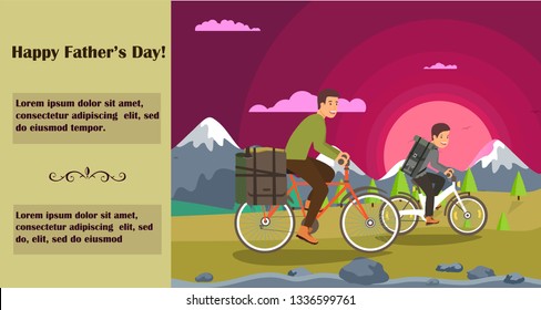 Horizontal Flat Banner Written Happy Fathers Day. Vector Illustration Lettering. Foreground Father and Son Background Snowy Mountains Riding Bicycle and Carrying Load on Left Trunk Inscription.