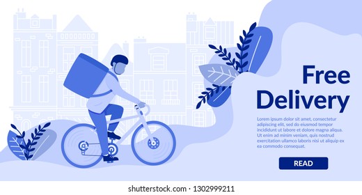 Horizontal Flat Bannerr Free Delivery. Read. Vector Illustration a Blue Background. Courier Delivers Customer Order by Bike. Free Delivery to Any Area City. City Bike.