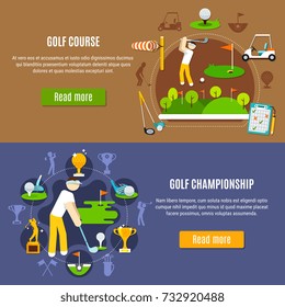 Horizontal flat banners with golf championship and green course on blue and brown background isolated vector illustration 