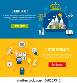 Horizontal flat banners with green energy and electric appliances on blue and yellow background isolated vector illustration