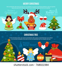 Horizontal flat banners with greetings, christmas decorations, xmas tree on light and dark background isolated vector illustration