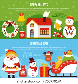 Horizontal flat banners with happy holidays and christmas gifts on green and blue background isolated vector illustration