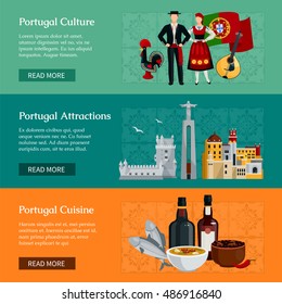 Horizontal Flat Banners Presenting Elements Of Portugal Culture Attractions And Cuisine Isolated Vector Illustration