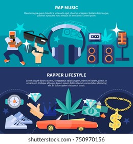 Horizontal flat banners with rap music and rapper lifestyle on turquoise and blue backgrounds isolated vector illustration 