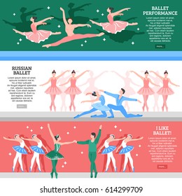 Horizontal flat banners set with ballet performance russian school and lovers of classic dance isolated vector illustration