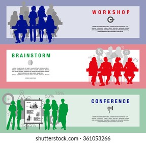 Horizontal flat banners set of business scenes, workshop, conference, brainstorm composition with people at work, studing, coworking vector illustration