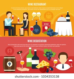 Horizontal flat banners set with couple tasting wine at restaurant on colorful background isolated vector illustration