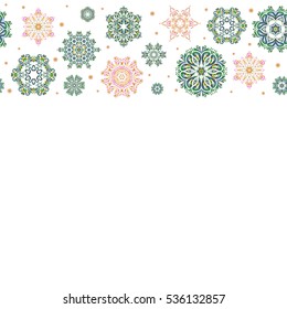 Horizontal flat design of blue, green and yellow snowflakes isolated on white background. Snowflake seamless pattern. Vector snowflakes background. Snowflakes pattern with place for your text.