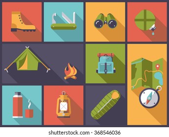 Ilustración horizontal de diseño plano con símbolos de acampada y equipamiento exterior