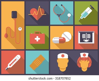 Horizontal flat design illustration with various medical and healthcare symbols