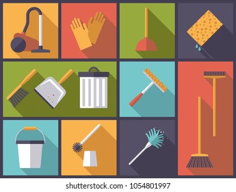 Horizontal flat design long shadow illustration with housework and cleaning symbols