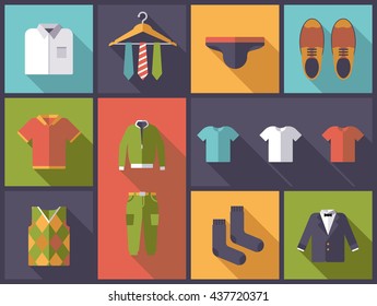 Horizontal flat design long shadow illustration with mens wear and fashion symbols