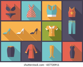 Horizontal flat design long shadow illustration with womans clothing and fashion symbols