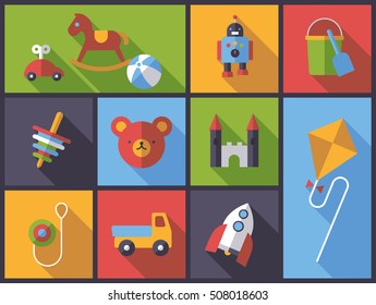 Horizontal flat design long shadow illustration with little children's toys