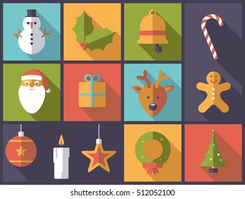 Horizontal flat design long shadow illustration with christmas symbols