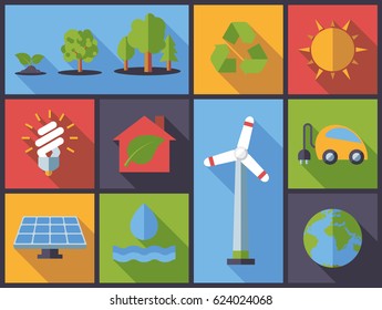 Horizontal flat design long shadow illustration with environment friendly behavior symbols